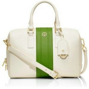 Tory Burch Robinson Cream Satchel with Green Center Striped and Gold Hardware